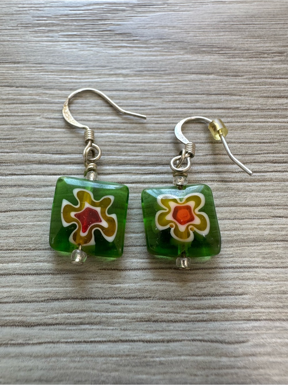 Murano Style Millefiori Green Glass Flower Square Dangle Earrings Floral